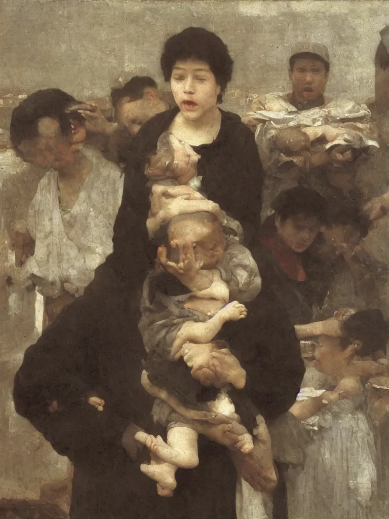 Prompt: ‘The Center of the World’ (realist genre rustic portrait oil on canvas by William-Adolphe Bouguereau) was filmed in Beijing in April 2013 depicting a white collar office worker. A man in his early thirties – the first single-child-generation in China. Representing a new image of an idealized urban successful booming China.