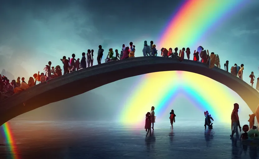 Prompt: incredible, refugees crossing a mindblowingly beautiful bridge made of rainbow, energy pulsing, hardlight, matte painting, artstation, solarpunk, cgsociety, dramatic lighting, concept art, octane render, arnold 3 d render