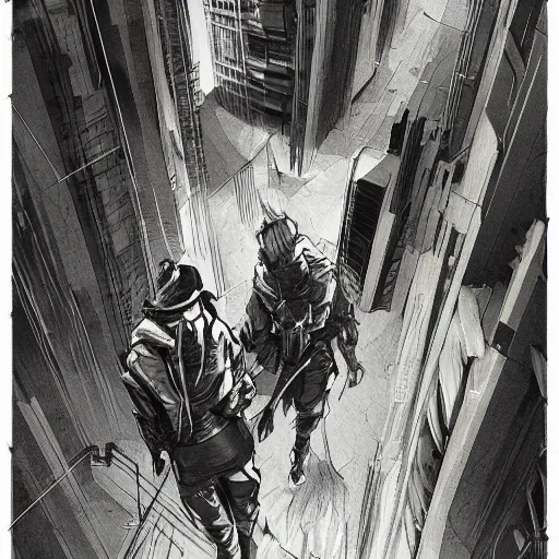 Image similar to concept art character, very high angle view, book cover, walking in cyberpunk valley highly detailed full body, smooth, sharp focus, organic, appealing, book cover, deep shadows, by Dave McKean sketch lineart for character design