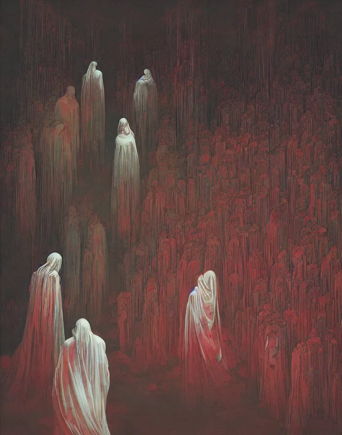 Prompt: worshippers in robes belonging to the cult of the crystal light gather inside a small room around the big glowing crystal, big glowing crystal radiating white light, small room, interior, beksinski painting, part by adrian ghenie and gerhard richter. art by takato yamamoto. masterpiece, deep colours