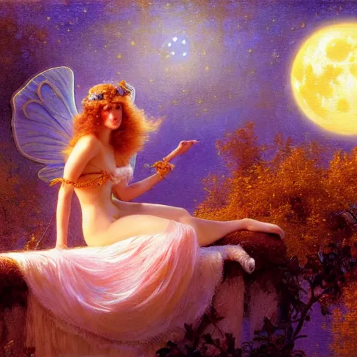 Image similar to attractive fairy magically floating high in the night, fantasy, full moon in background. highly detailed painting by gaston bussiere, craig mullins, j. c. leyendecker, sharp focus, 8 k