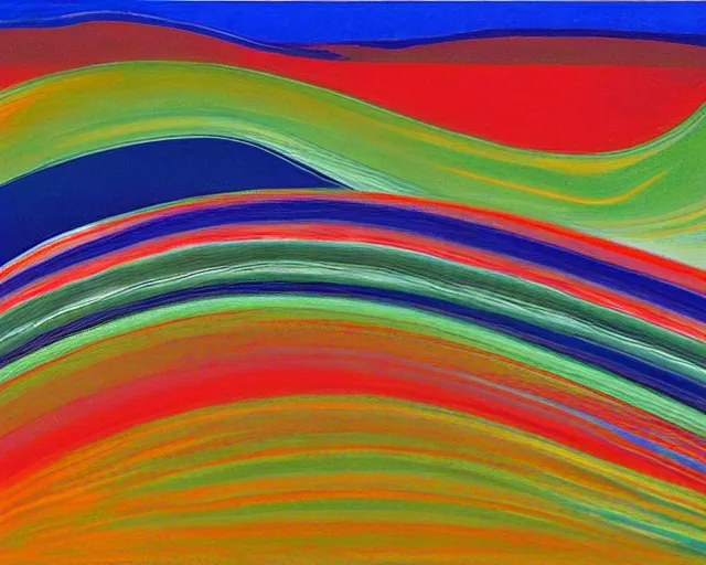 Image similar to A wild, insane, modernist landscape painting. Wild energy patterns rippling in all directions. Curves, organic, zig-zags. Saturated color. Mountains. Clouds. Rushing water. Wayne Thiebaud.