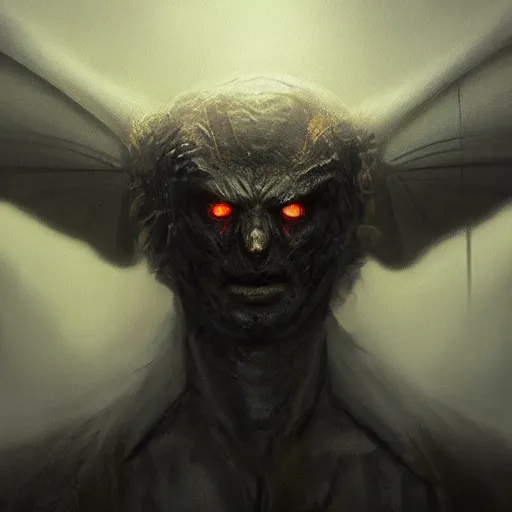 Prompt: a hyper realistic portrait painting of the mothman, glowing eyes, creepy, backlight, horror vibe, real, realistic lighting in the style of greg rutkowski, trending on artstation, retro fantasy
