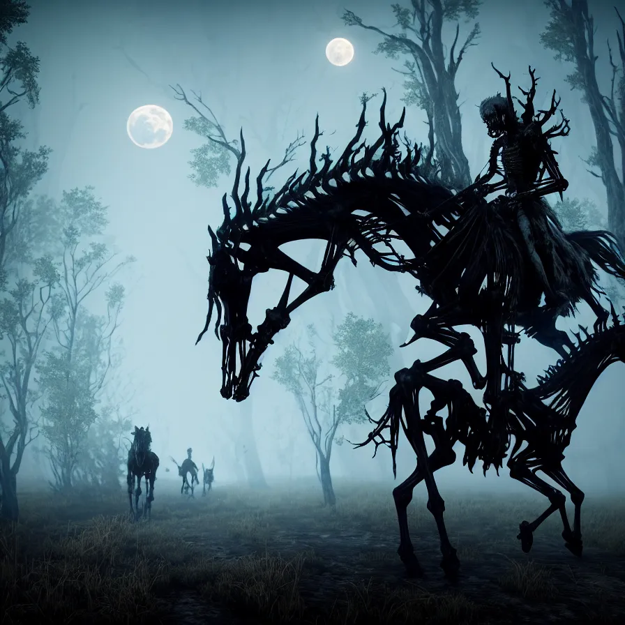 Image similar to the wild hunt, ghost riders in the full moon, skeletal shadow creatures, lurking enchanted forest, blizzard, mist, treacherous road, uneasy atmosphere, from the witcher, cinematic, arnold gpu, octane workflow, 8 k, unreal 5, hyperrealist, intricate digital art, volumetric lighting, trending artstation, dark fantasy