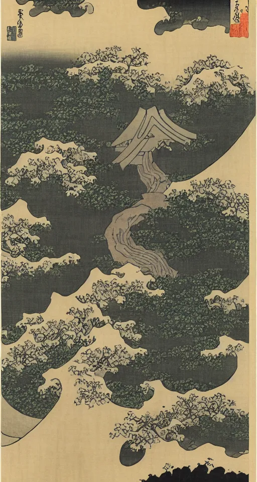 Prompt: hokusai, path of steps leading up to a temple, japanese style, dreamy, layered, soft, black ink