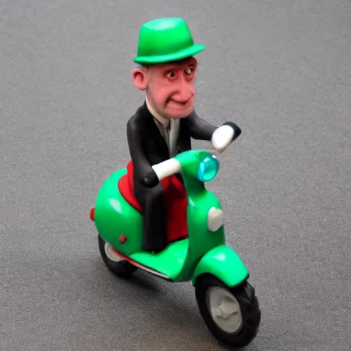 Image similar to a claymation figure of a man on a scooter