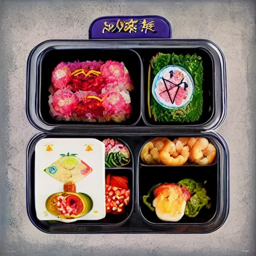 Image similar to bento box organised in the style of a tarot card, beautiful realistic photograph