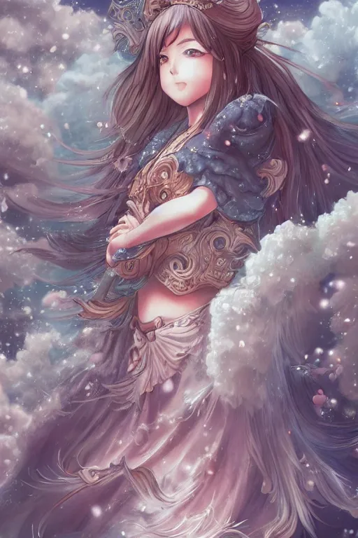 Prompt: beautiful ultra detailed manga Illustration of a girl in a celestial fantasy landscape, Full Art Illustration, by ying yi, artstation