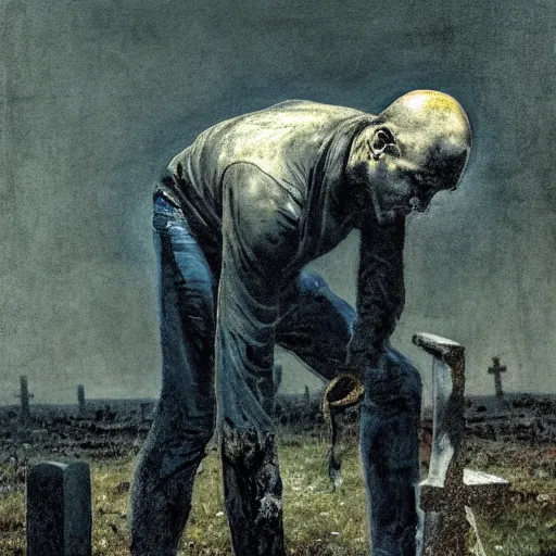 Prompt: one man in a cemetery digging up a dead body, by nicola samori, painting, 8 k, high detail, blue, orange, and dark green tones, high quality, sad feeling, high detail, dark colors, sinister atmosphere, dramatic lighting, cinematic, establishing shot, extremely high detail, photo realistic, cinematic lighting