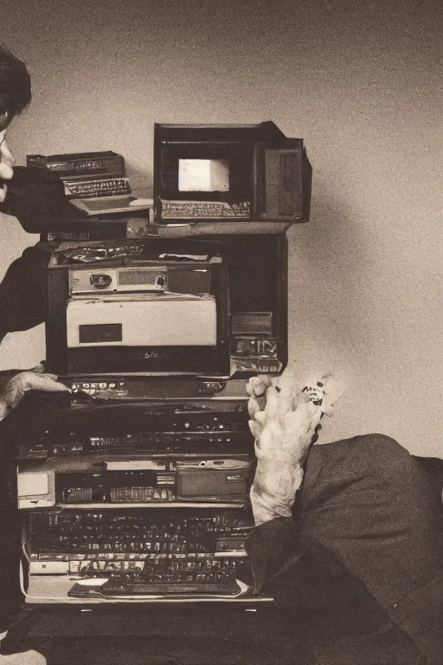 Image similar to a high resolution photo of a sad man watching the end of the world on a vintage computer,, earthquake, debris