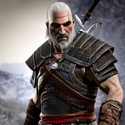 Prompt: geralt of rivia as kratos in god of war: ragnarok