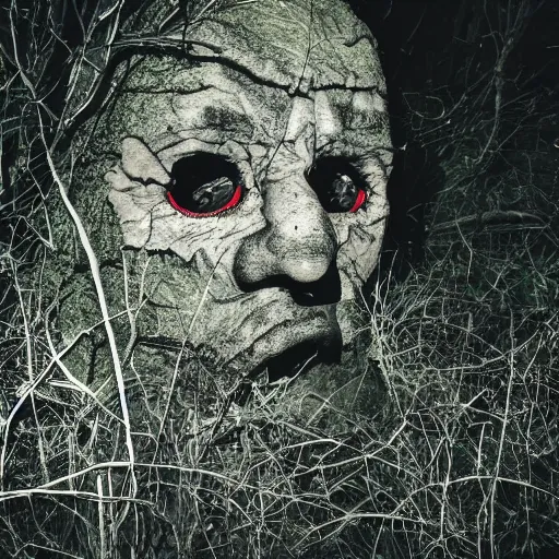 Image similar to A dark creepy man with bright eyes hiding behind a tree in the woods at night staring, closeup