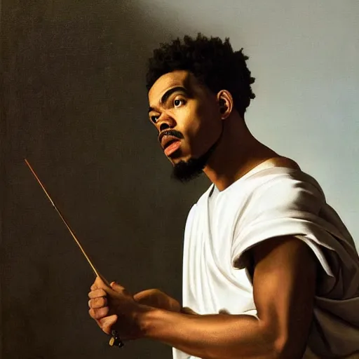 Image similar to a portrait painting of Chance The Rapper as a Poetic Philosopher in the style of Caravaggio, 1599, realistic, detailed