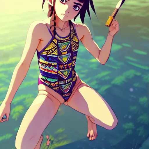 Image similar to a beautiful boyish emma watson alluring instagram model, wearing japanese hiphop aztec leotard outfit with mayan pattern and native style, aztec street fashion bathing suit, botw style, gapmoe yandere grimdark, trending on pixiv fanbox, painted by greg rutkowski makoto shinkai takashi takeuchi studio ghibli, akihiko yoshida