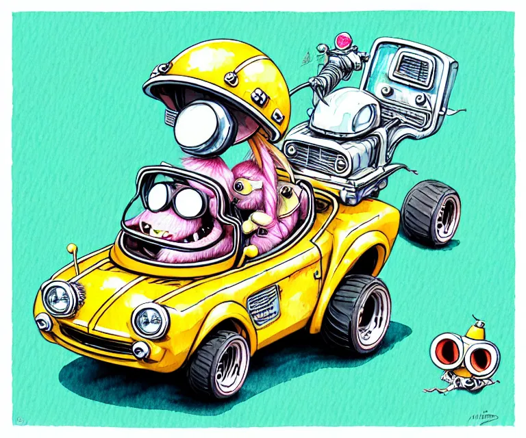 Image similar to cute and funny, mangalitsa wearing a helmet driving a tiny hot rod with an oversized engine, ratfink style by ed roth, centered award winning watercolor pen illustration, isometric illustration by chihiro iwasaki, edited by craola, tiny details by artgerm and watercolor girl, symmetrically isometrically centered