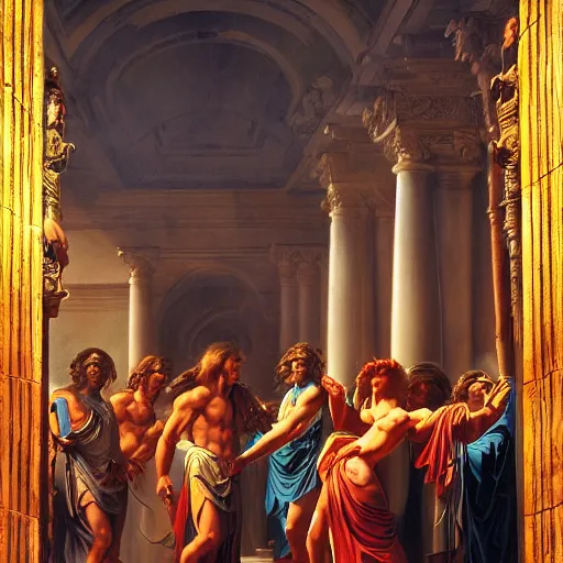 Image similar to Homeric mesmerizing inner sanctum of the most alluring venerable and beautiful truth, in the style of Jeff Easley, Jacques-Louis David, Ken Kelly, Élisabeth Vigée Le Brun, dramatic lighting, establishing shot, detailed and beautiful aesthetic faces, 8k resolution – W 1024