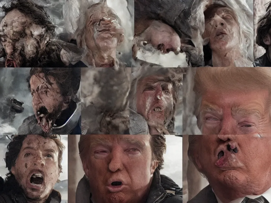 Image similar to cinematic movie still : ( subject =!!!!! donald trump head!!!!! + subject detail =!! dune sandworm with open jaw drooling!!, john carpenter the thing, oozing bile ), the last of us zombie, intricate detailed