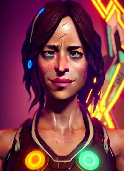 Image similar to glowwave portrait of dakota johnson from borderlands 3, au naturel, hyper detailed, digital art, trending in artstation, cinematic lighting, studio quality, smooth render, unreal engine 5 rendered, octane rendered, art style by klimt and nixeu and ian sprigger and wlop and krenz cushart.