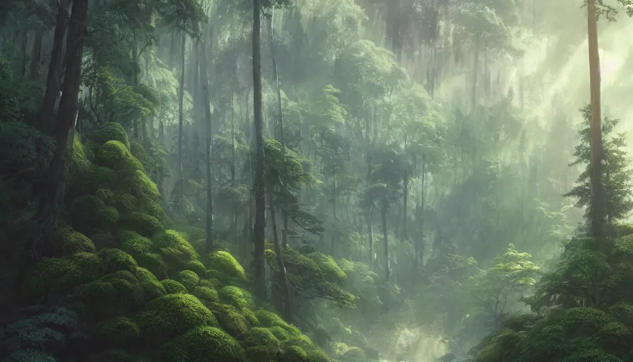 Prompt: A highly detailed matte painting of a dense forest by Mokoto Shinkai, hyperrealistic, breathtaking, beautiful composition, by Artgerm, by beeple, by Studio Ghibli, volumetric lighting, octane render, detailed, oil painting, 4K resolution, trending on artstation