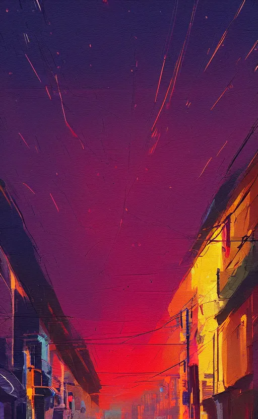 Prompt: a beautiful illustration of a street at sunset, art of alena aenami, featured on artstation, vertical orientation, paint brush strokes, expressionism, brushstroke - laden, breathtaking clouds, traffic lights, wet concrete, beauttiful stars, cables, long exposure, gigantic sun, airy theme, red purple gradient, lens flare