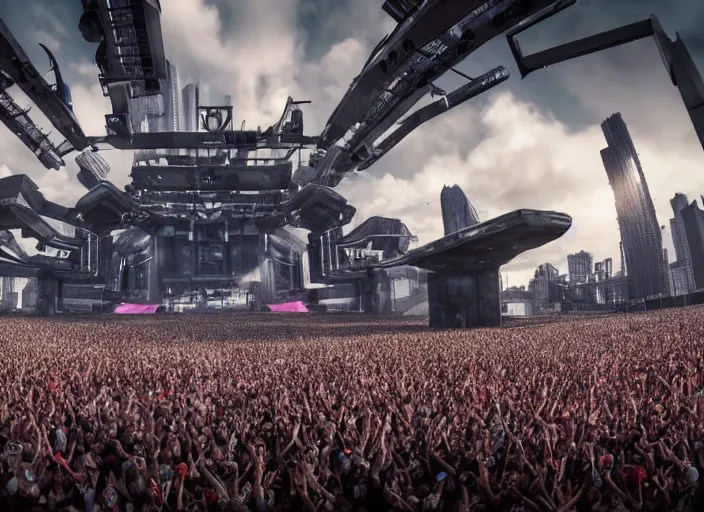 Image similar to ultra realistic, mainstage of harder styles music festival in 2 0 5 0, futuristic, brutalism, octane render, sharp focus cinematic lighting, dramatic perspective, highly detailed, 4 k, 8 k