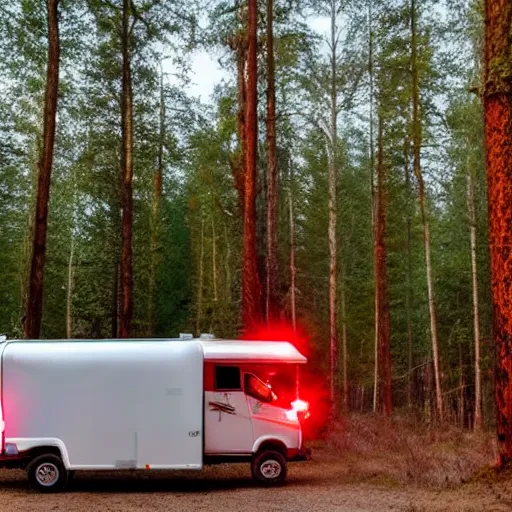 Image similar to a silver metallkc camper in a forest clearing. a long tall pillar of red light raising into the sky in background