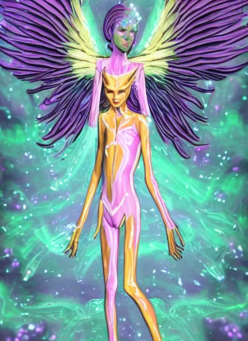 Image similar to a glowing skinny onesie suited angel spirit being, covered with pastel glitter glue slime, fashion model pose, full body maximalist cosmic eldritch character design, early computer graphics