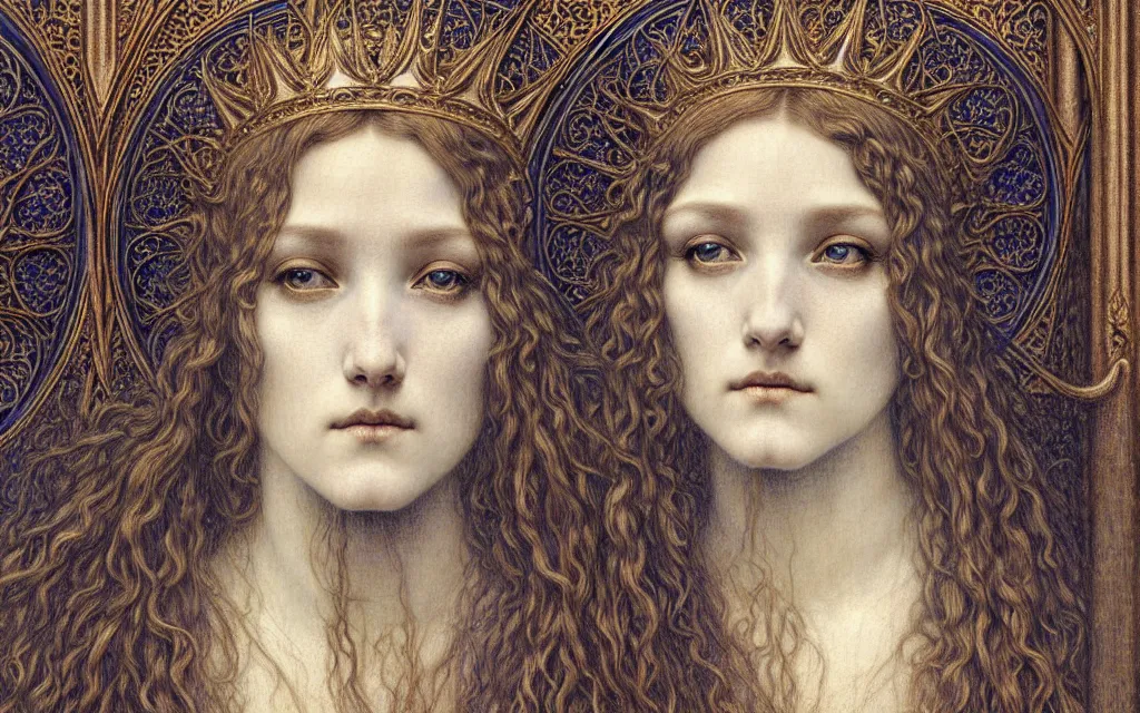 Image similar to detailed realistic beautiful young medieval queen face portrait by jean delville, gustave dore and marco mazzoni, art nouveau, symbolist, visionary, gothic, pre - raphaelite. horizontal symmetry