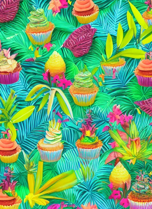 Prompt: a painting of tropical plants and radioactive cupcakes by lisa frank, behance, airbrush art, digital painting