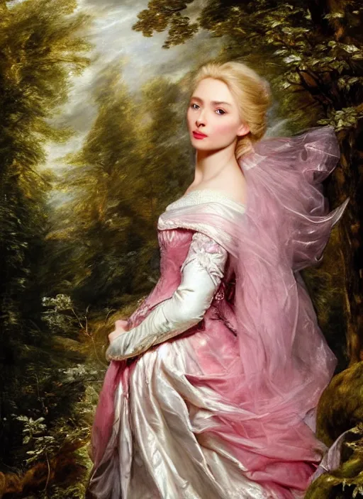 Image similar to Beautiful elsa, Looks like pink ranger, In the woods, Dramatic, Edge, Good, Infused, Backlight, De-Noise, VFX, insanely detailed and intricate, hypermaximalist, elegant, ornate, hyper realistic, super detailed, by Anthony Van Dyck, by Ivan Shishkin, by John Constable