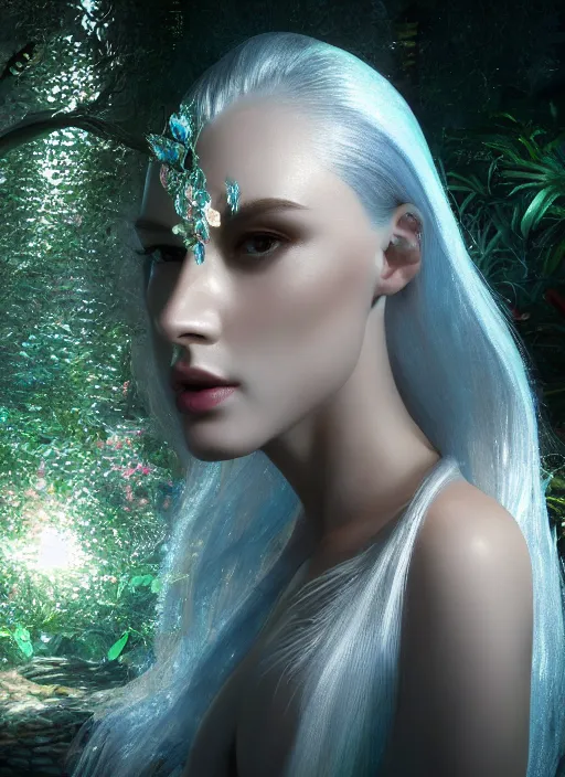 Image similar to beauteous sumptuous elegant woman in paradise garden, white pearlescent iridescent skin, with incredible iridescent pearlescent voluminous neon hair, crystalline masterpiece incrustations, hyperdetailed face, elegant pose, movie still, intricate, octane render, cinematic forest lighting, unreal engine, crepuscular rays, god rays