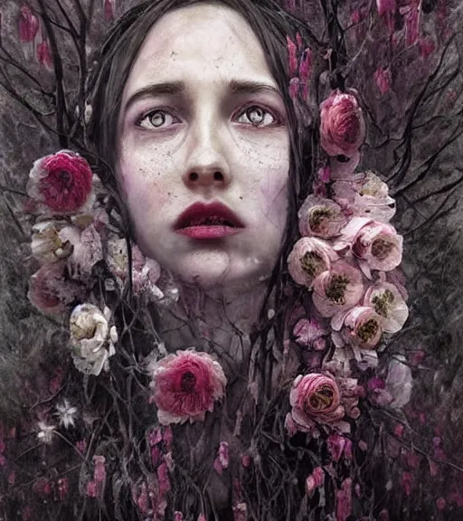 Prompt: a beautiful terrifying but sad female portrait black eyes twisted trees, crying tears, bloom made of flowers. ethereal horror fantasy art by greg rutkowski and raymond swanland and monet ernst ludwig kirchner