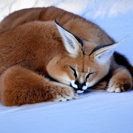 Image similar to fullbody photo still of sleepy fat chubby caracal, lying sleeping on snowy ice, big stomach, fullbody, sunny winter day