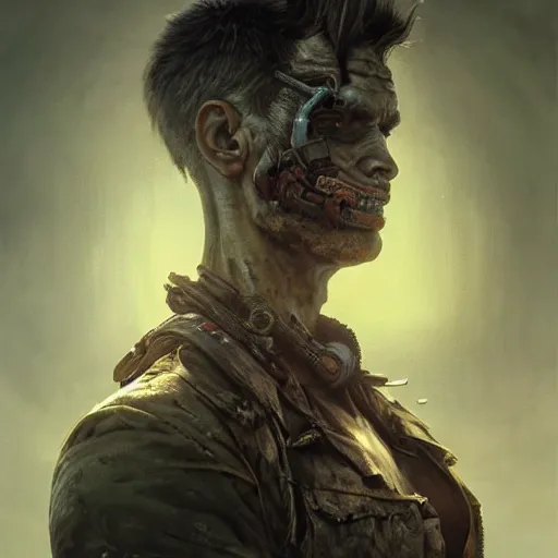 Image similar to portrait painting of a post apocalyptic madman, ultra realistic, concept art, intricate details, insane, eerie, highly detailed, fallout, wasteland, photorealistic, octane render, 8 k, unreal engine 5. art by artgerm and greg rutkowski and alphonse mucha