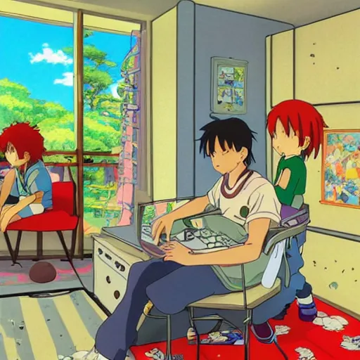 Image similar to anime, young kids playing computer games in a 9 0 s kid bedroom, happy, studio ghibli,