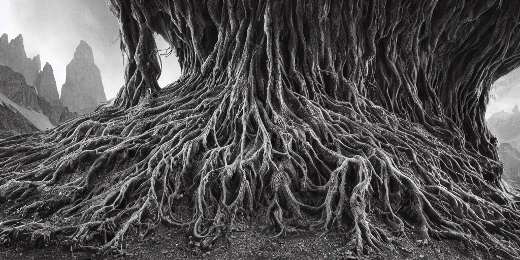 Image similar to photography of old ugly witch living in a root cave, edelweiss growing from her head, forest, dolomites, alpine, detailed intricate insanely detailed octane render, 8k artistic 1920s photography, photorealistic, black and white, chiaroscuro, hd, by David Cronenberg, Raphael, Caravaggio