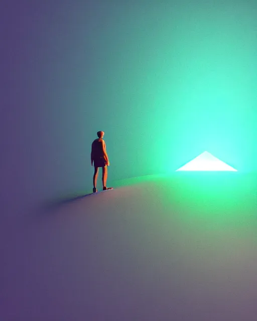 Image similar to a man standing in the middle of a mountain with a glowy neon triangle, a render by filip hodas, behance contest winner, environmental art, rendered in cinema 4 d, volumetric lighting