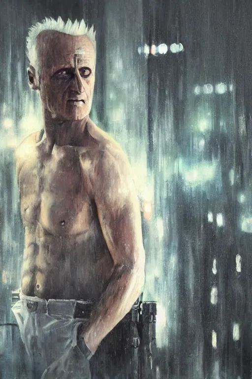 Prompt: a painting of the replicant roy batty accepting the very absurdity of life, all memories will be lost in time like tears in the rain, in the style of blade runner, ridley scott, epic composition, dramatic lighting, octane render