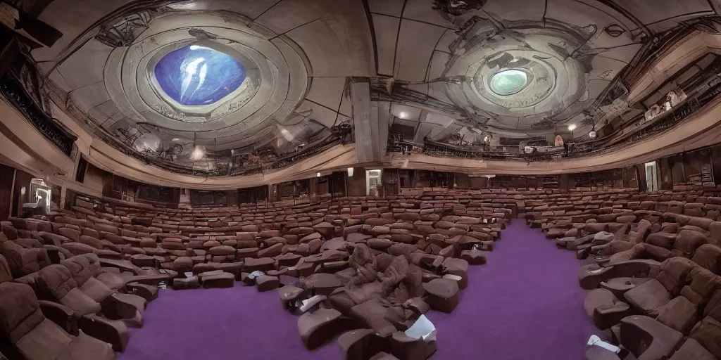 Image similar to a dimly lit, theater hall, 3 doors, 1 staircase, day of the tentacle style, fish eye