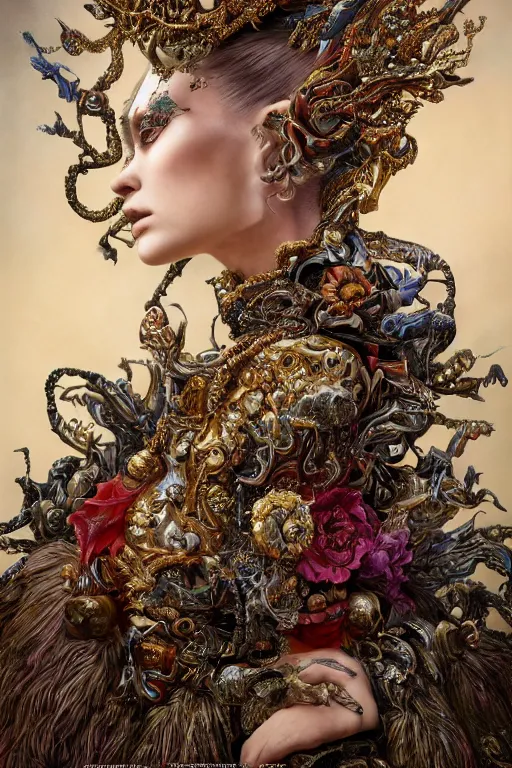 Image similar to hyper-realistic ultra-detailed maximalist and dramatic elegant luxury beautiful young empress portrait by igor goryunov and heidi taillefer inspired by andrei riabovitchev and patricio clarey Rendered by binx.ly 8k. Generative art. Fantastic realism. Scifi feel. Extremely Ornated. Intricate and omnious. Tools used: Blender Cinema4d Houdini3d zbrush. Unreal engine 5 Cinematic. Beautifully lit. No background. artstation. Deviantart. CGsociety.