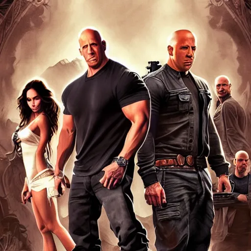Image similar to A group photo of the Fast and Furious cast but it's all Vin Diesel, western, D&D, fantasy, intricate, elegant, highly detailed, digital painting, artstation, concept art, matte, sharp focus, illustration, art by Artgerm and Greg Rutkowski and Alphonse Mucha