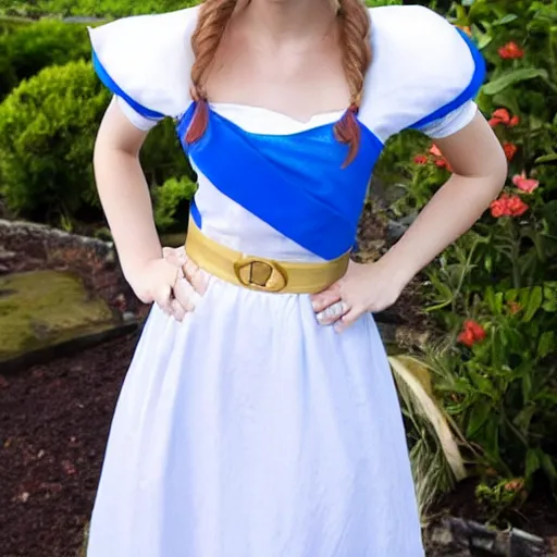 Image similar to beautiful gorgeous young elf princess cosplayed by Emma Watson blonde hair blue eyes in white dress in the garden high quality