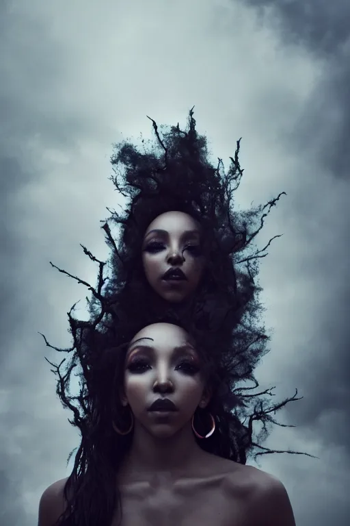 Image similar to photoshoot of tinashe as mysterious dark goddess of death, realism, clouds, swirling energy, torn fabric, elaborate ornate growth, gilded relief, volumetric lighting, light shafts, ambient light, trending on artstation, by alessio albi