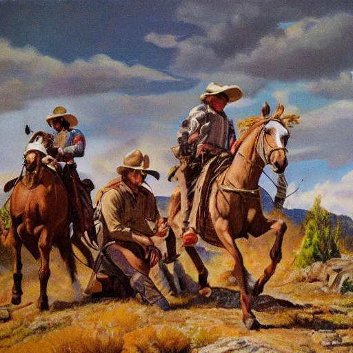 Prompt: cowboys-fighting on the mountain trail on the style Fredrick Remington