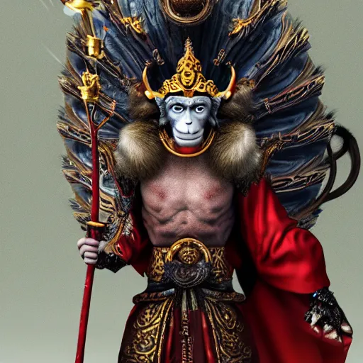 Image similar to monkey king godly lord of monkeys, wearing a crown, holding a staff, sitting in throne, dark lighting, dim lightning, red eyes, gothic dark style 8 k render high detail