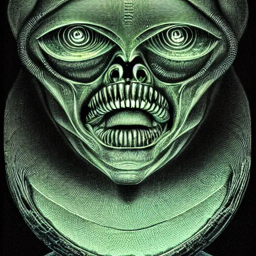 Image similar to portrait top light, by killian eng and joe fenton and h r giger, inspired by alien movie 1 9 7 9, green duotone print, etching, fine, sharp high detail,