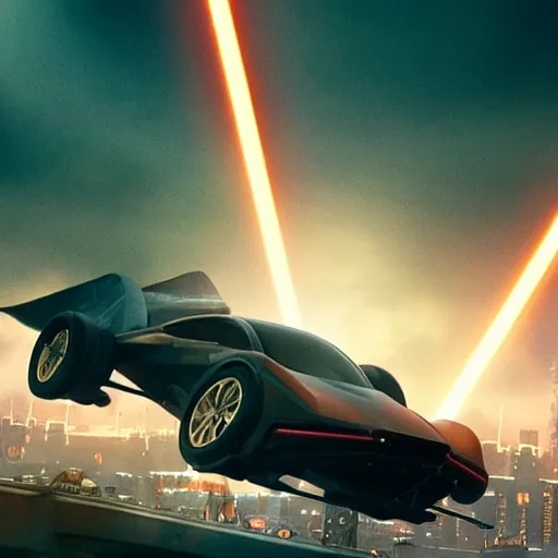 Image similar to flying car in cityscape, blade runner 2049, shallow depth of field medium shot, award winning, gritty, god rays