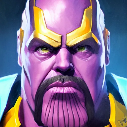 Image similar to greg manchess portrait painting of thanos as overwatch character, medium shot, asymmetrical, profile picture, organic painting, sunny day, matte painting, bold shapes, hard edges, street art, trending on artstation, by huang guangjian and gil elvgren and sachin teng