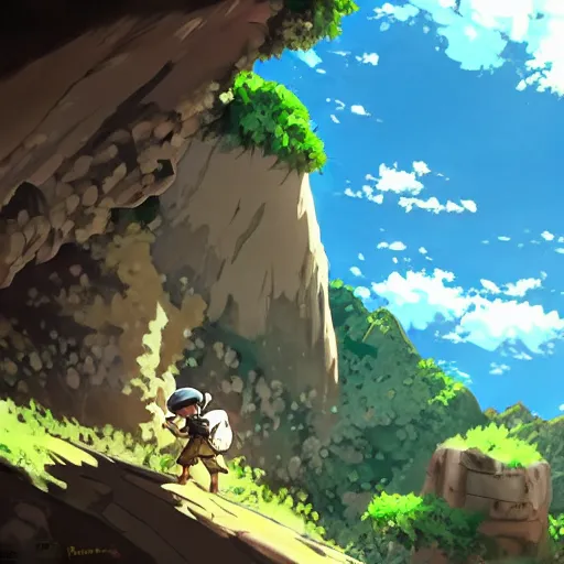 Image similar to Indiana Jones running away from boulder trap, boulder chase, stone temple background, giant round stone chasing Indian Jones, raiders of the lost ark, made in abyss anime style