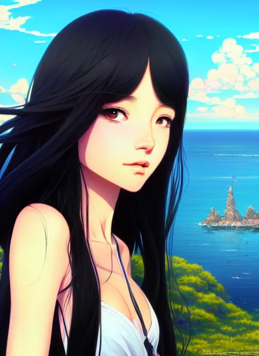 Image similar to a beautiful girl with long black hair in, island background, intricate, highly detailed, digital painting, artstation, official media, anime key visual, concept art, rich vivid colors, ambient lighting, sharp focus, illustration, art by Artgerm, Makoto Shinkai, Ilya Kuvshinov, Lois Van Baarle, and Rossdraws